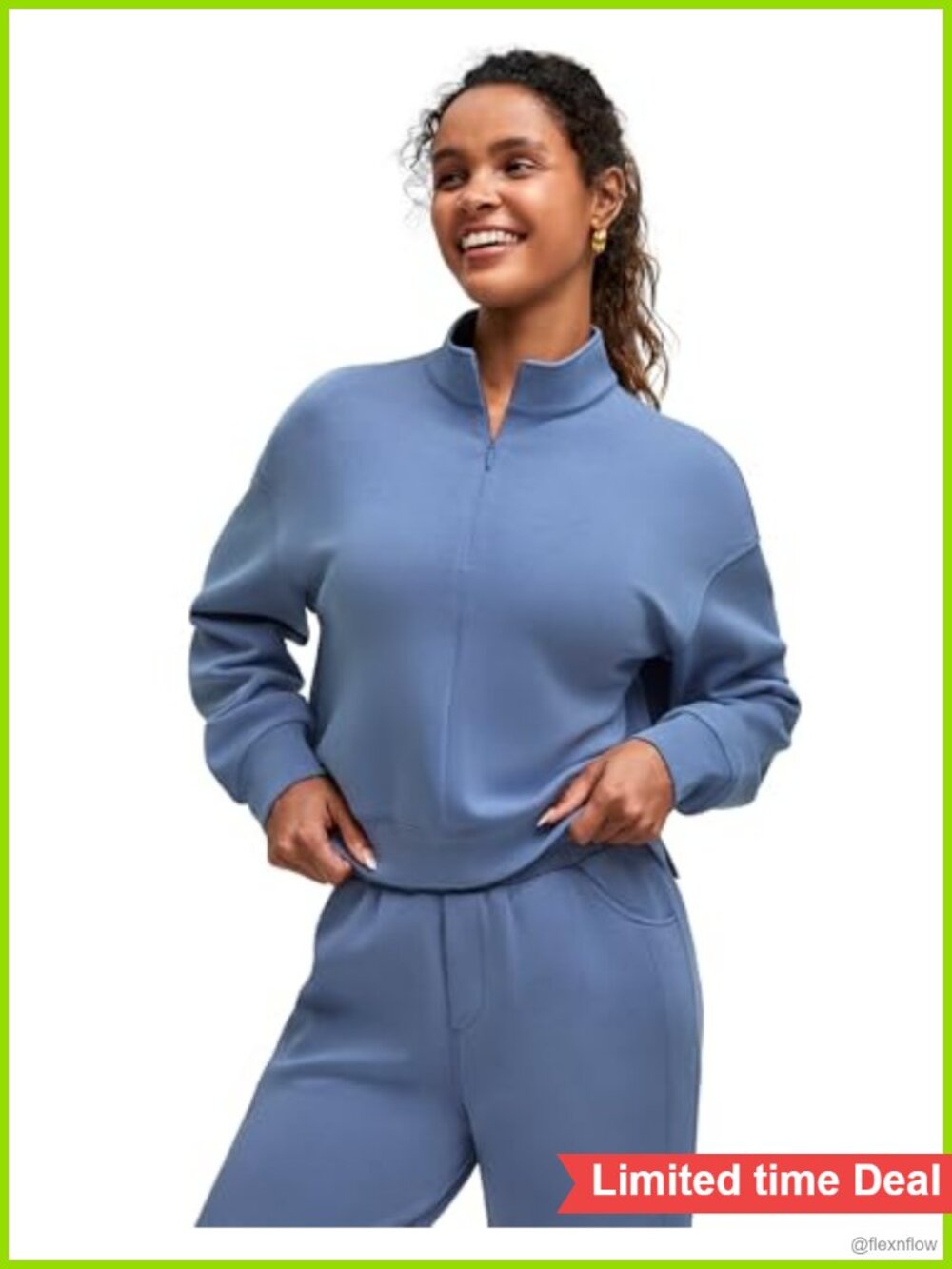 Women's Half Zip Mock Neck Long Sleeve Sweatshirt Side Slits Lounge